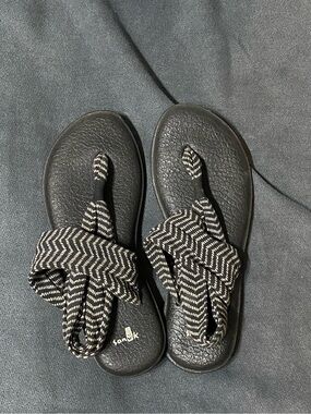 Sanuk Black & White Striped Strap Slide Sandals